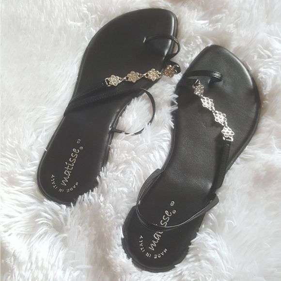 Matisse Shoes - Matisse Black Floral Rhinestone Strap Flats Sandals Size 8 Made in Italy